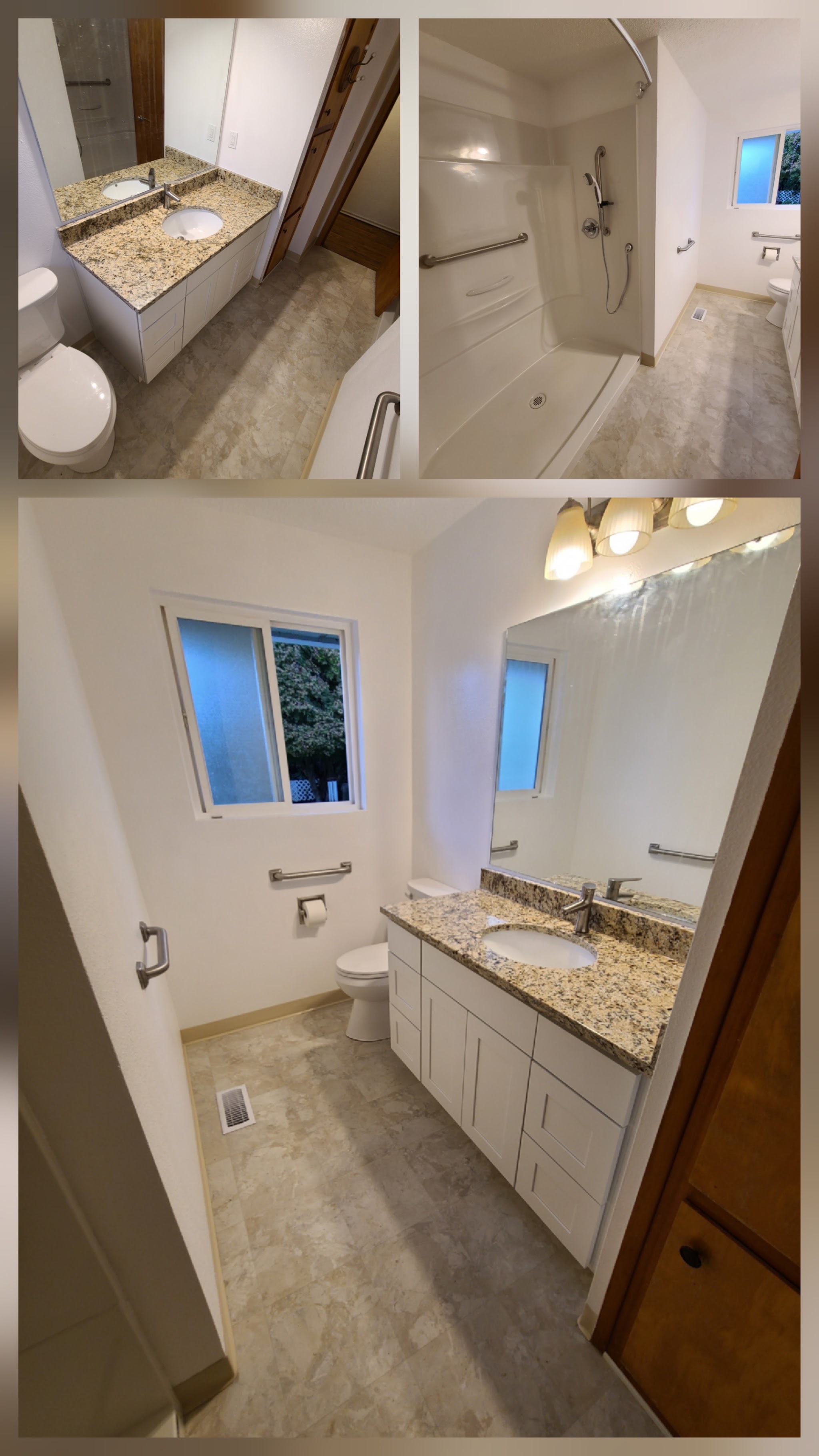 Finished bathroom remodel with granite vanity and walk-in shower by Roth Construction