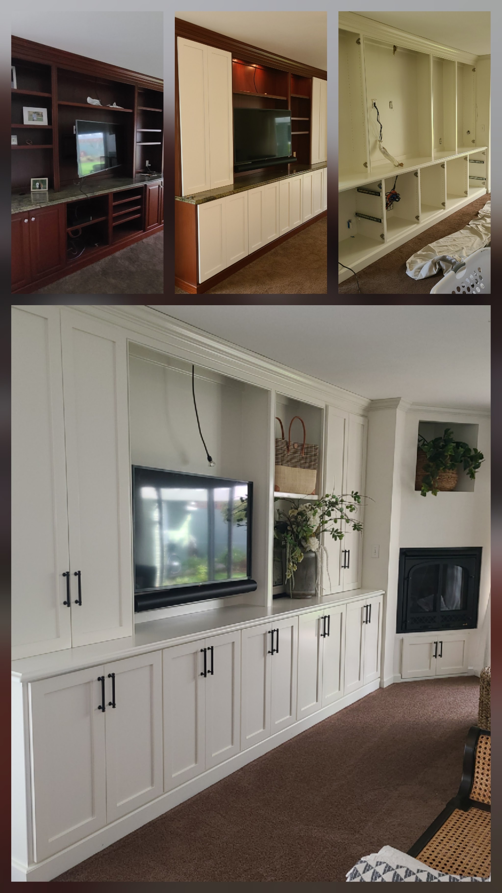 Custom built-in entertainment center cabinetry finished in a living room by Roth Construction